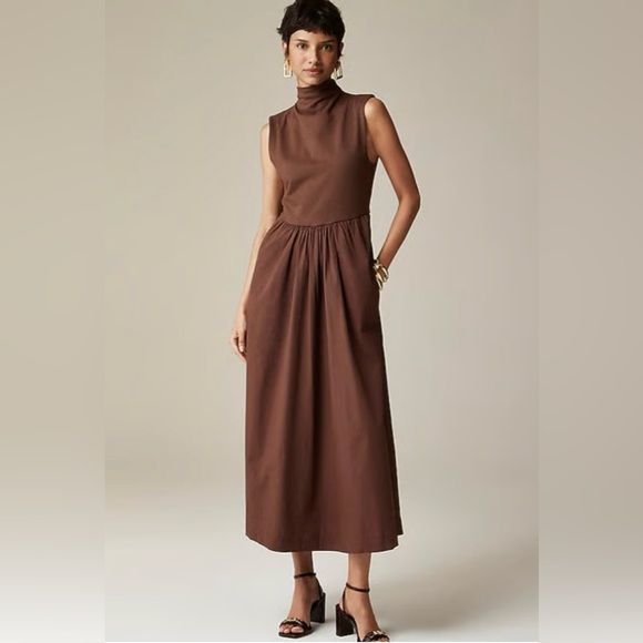 J.Crew Fitted knit mockneck dress with poplin skirt in brown, size L - Picture 2 of 7